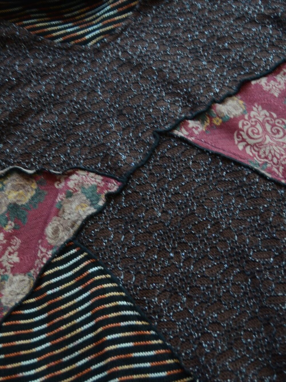 Ali Miles Brown Mixed Media Patchwork Cowl Neck Tunic Shirt Boho Artsy Size L - Picture 6 of 10